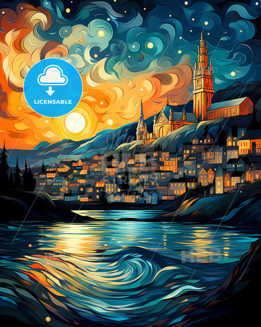 Vibrant Art Painting Dunedin Skyline City Church River New Zealand