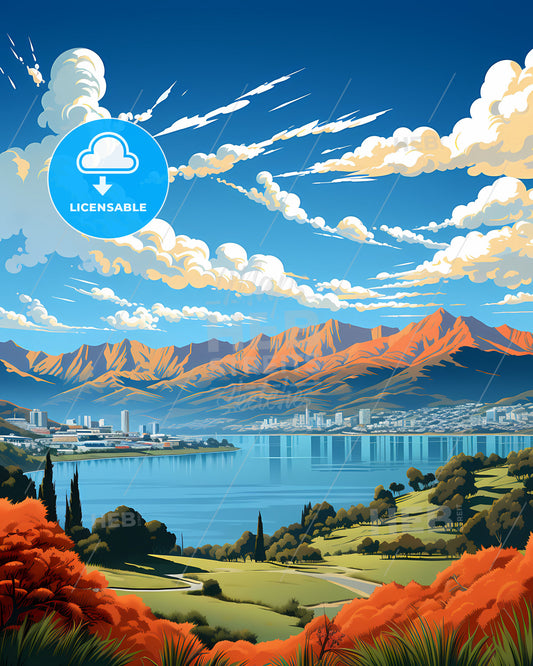 Dunedin New Zealand Skyline: Vibrant Landscape Painting with Lake and Mountains