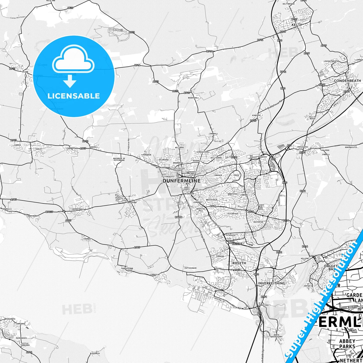 Dunfermline, Scotland light map with streetnames, citynames and districts
