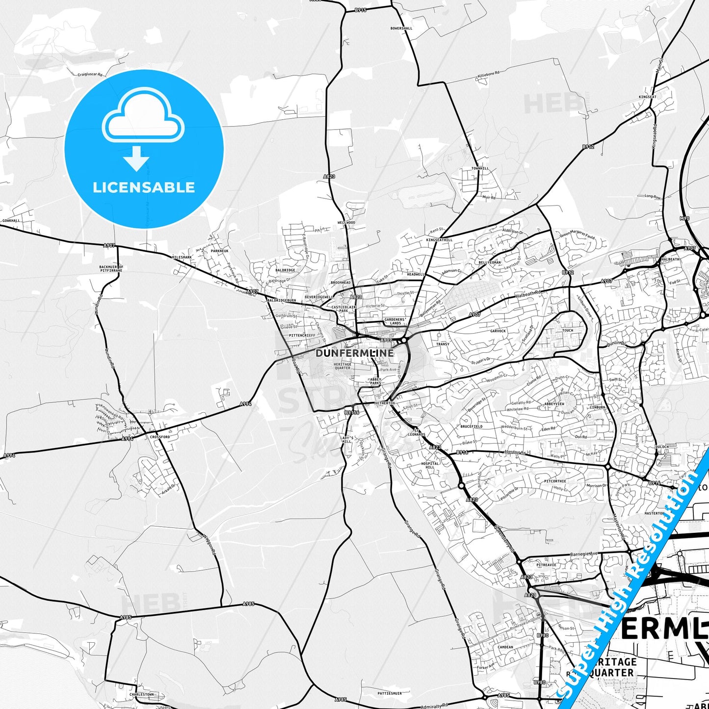 Dunfermline, Scotland Light Map with Street Names, City Names, and Districts