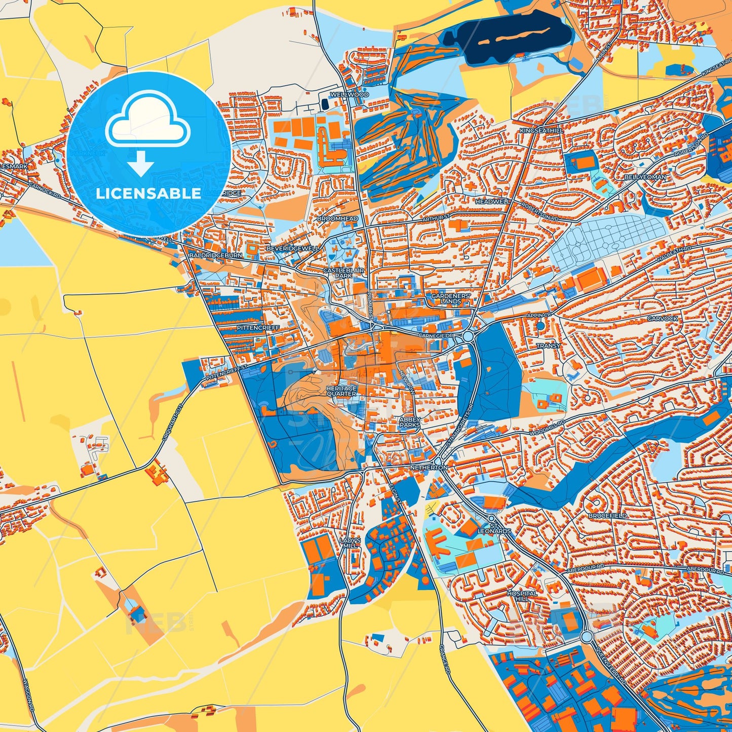 Colorful Dunfermline Street Map with Labels and Buildings