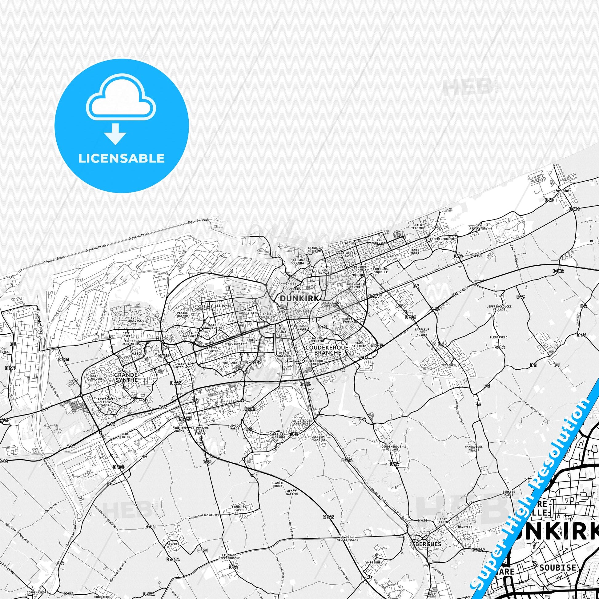 Dunkirk, France light map with streetnames, citynames and districts