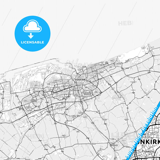 Dunkirk, France light map with streetnames, citynames and districts