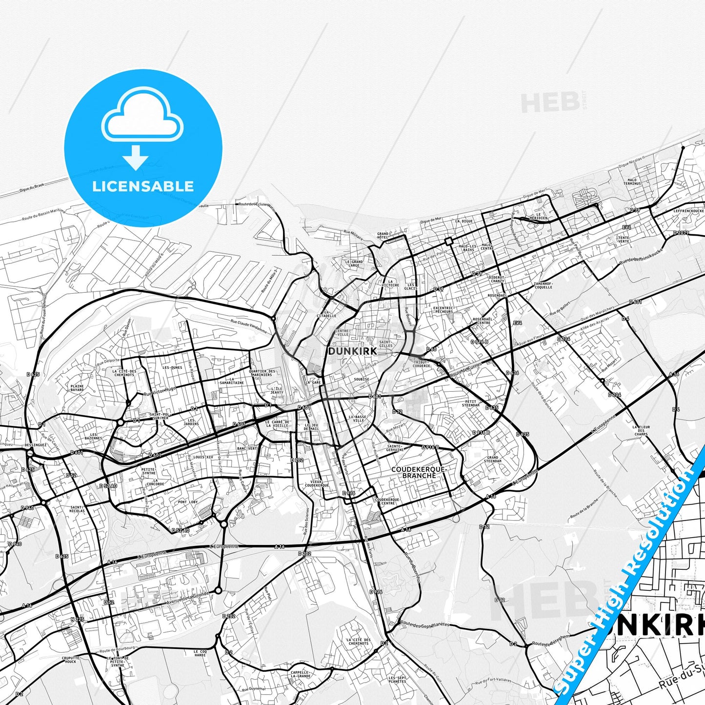 Dunkirk, France Light Map with Street Names, City Names, and Districts