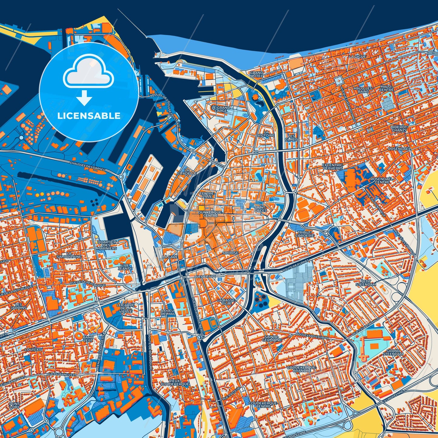 Colorful Dunkirk Street Map with Labels and Buildings