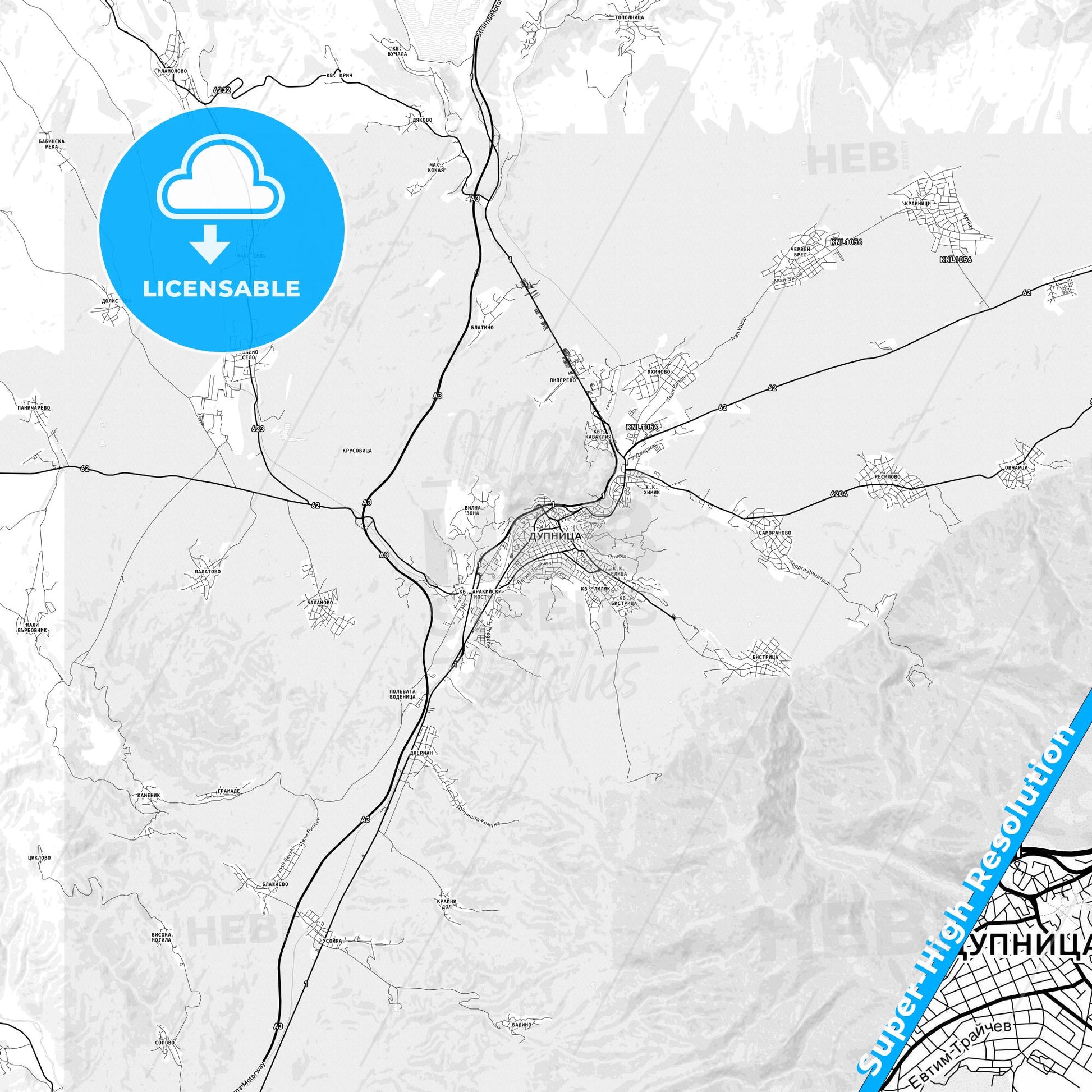 Dupnitsa, Bulgaria light map with streetnames, citynames and districts