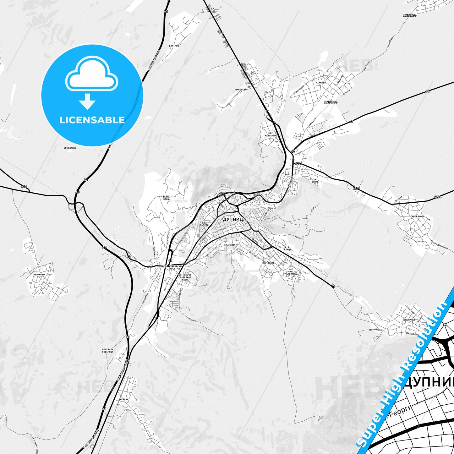 Dupnitsa, Bulgaria Light Map with Street Names, City Names, and Districts
