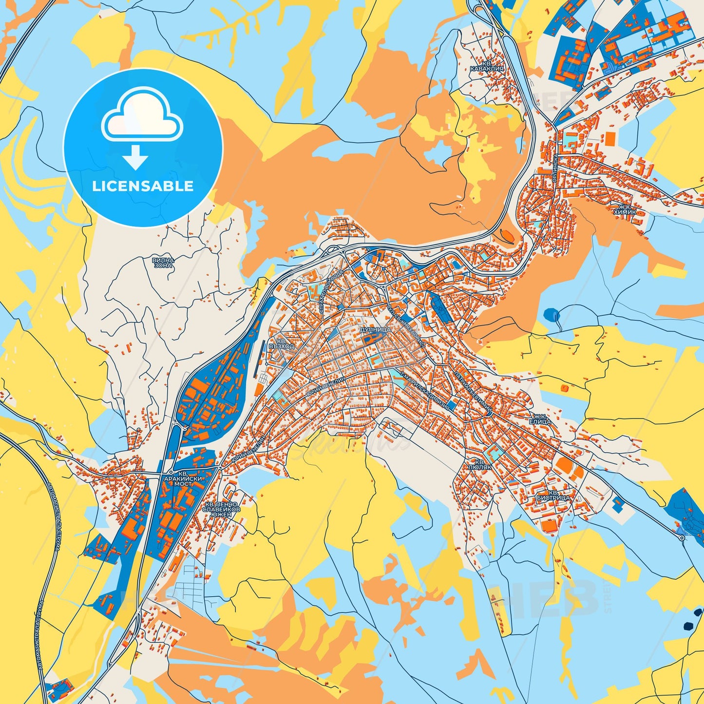 Colorful Dupnitsa Street Map with Labels and Buildings