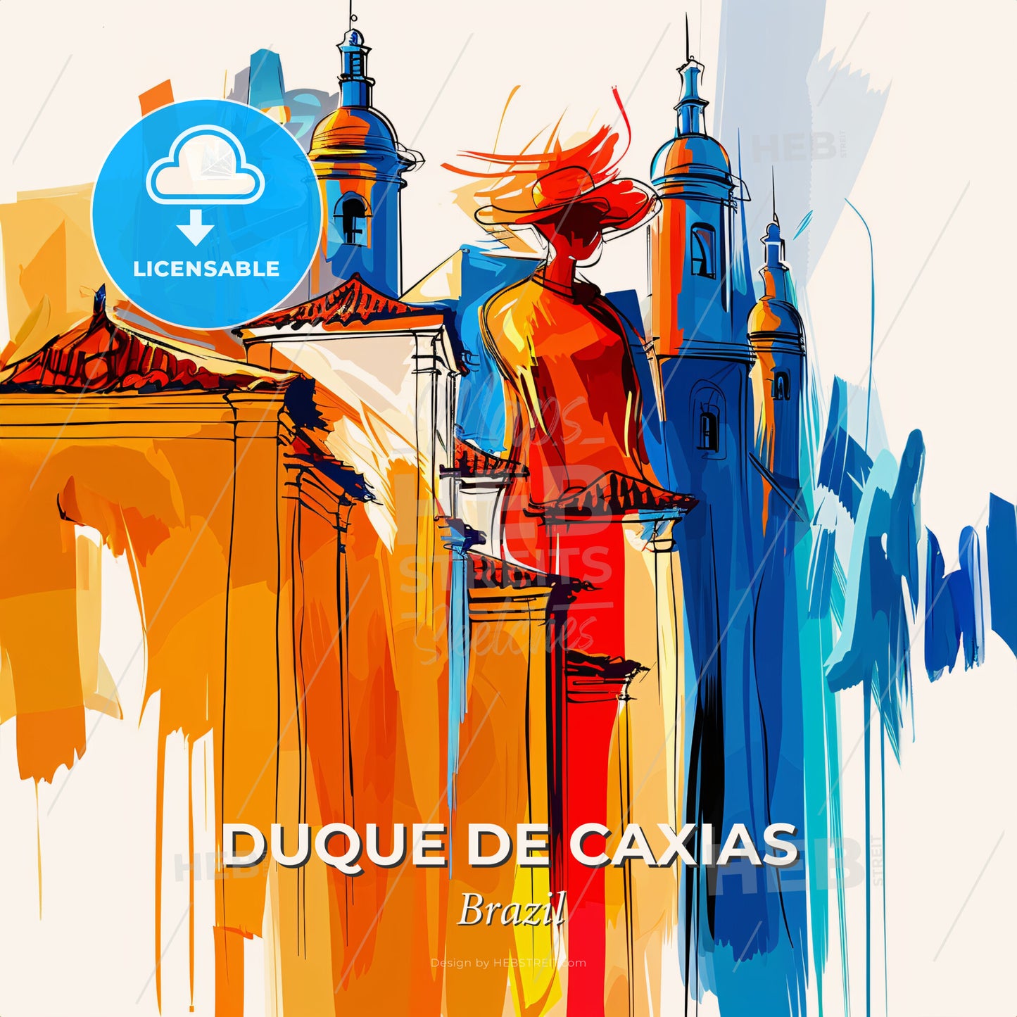 Vibrant Duque De Caxias, Brazil - A Painting Of A Woman In A Hat And Buildings - Square format print template