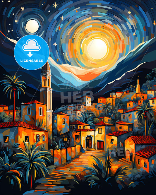 Colorful Painting Depicts Town Skyline with Palm Trees and Mountains in Duque de Caxias Brazil