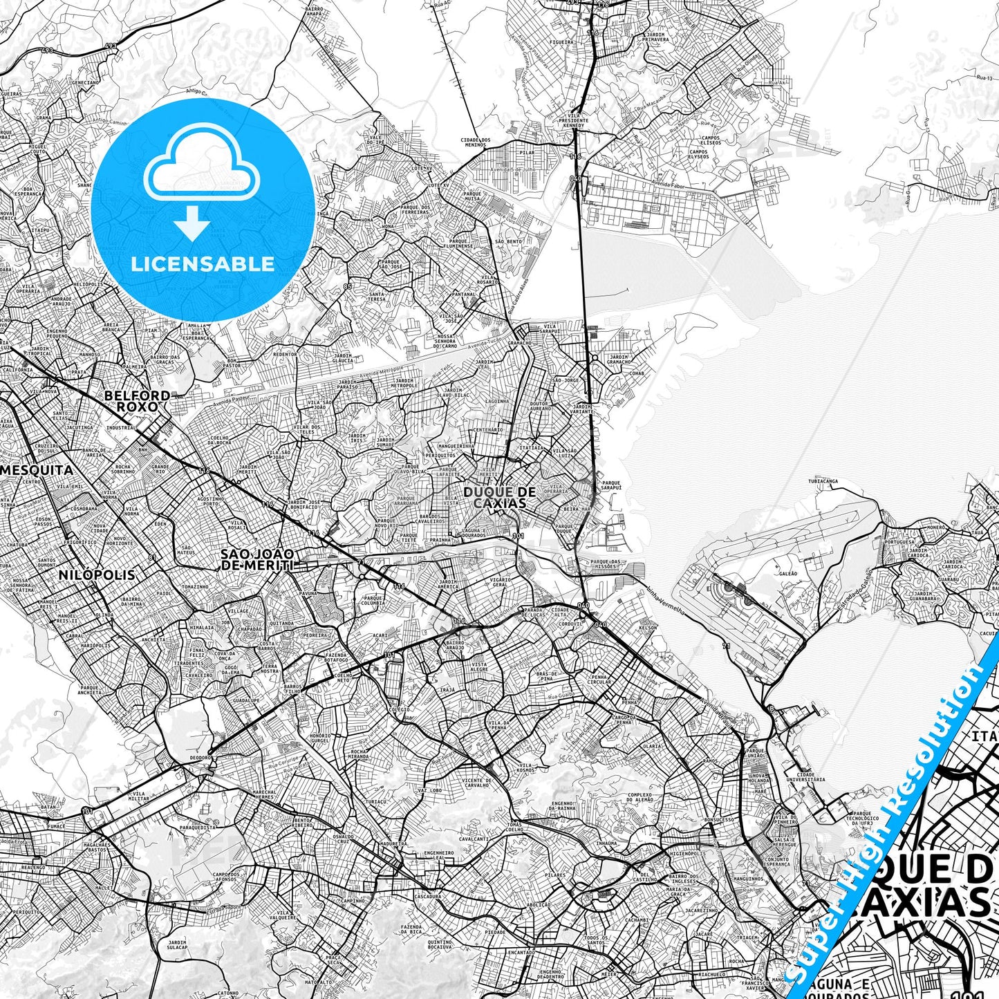 Duque de Caxias, Brazil light map with streetnames, citynames and districts