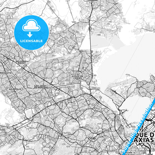 Duque de Caxias, Brazil light map with streetnames, citynames and districts