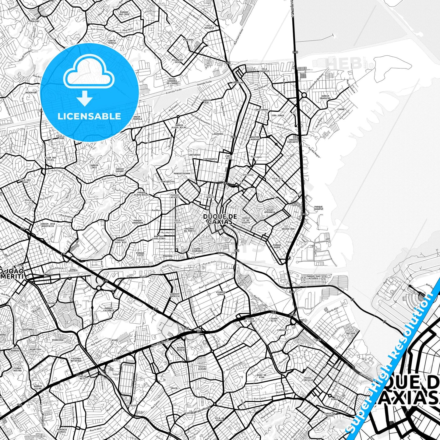 Duque de Caxias, Brazil Light Map with Street Names, City Names, and Districts