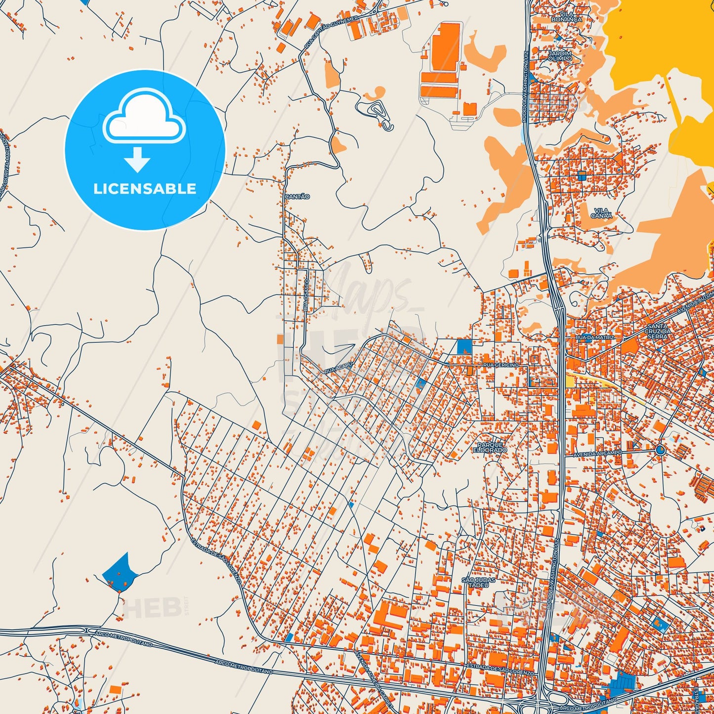 Colorful Duque de Caxias Street Map with Labels and Buildings