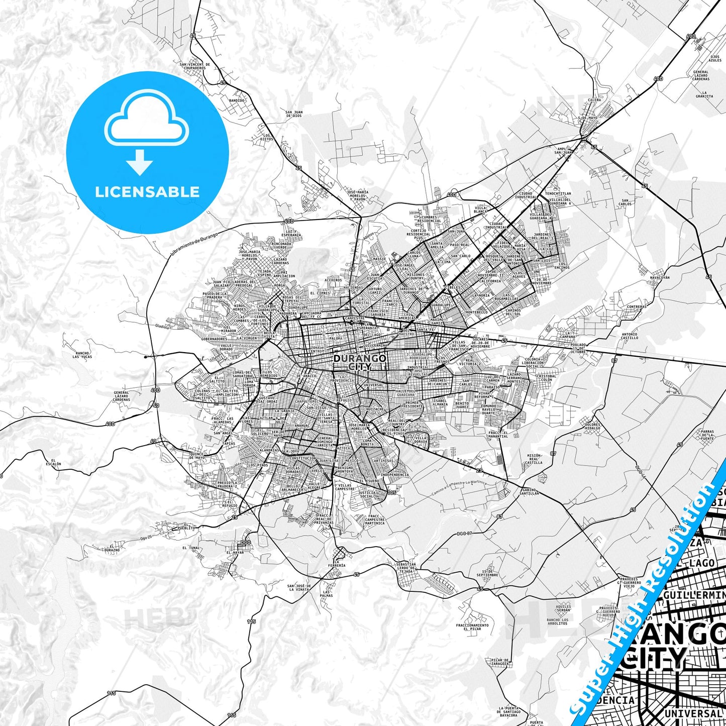 Durango, Mexico light map with streetnames, citynames and districts
