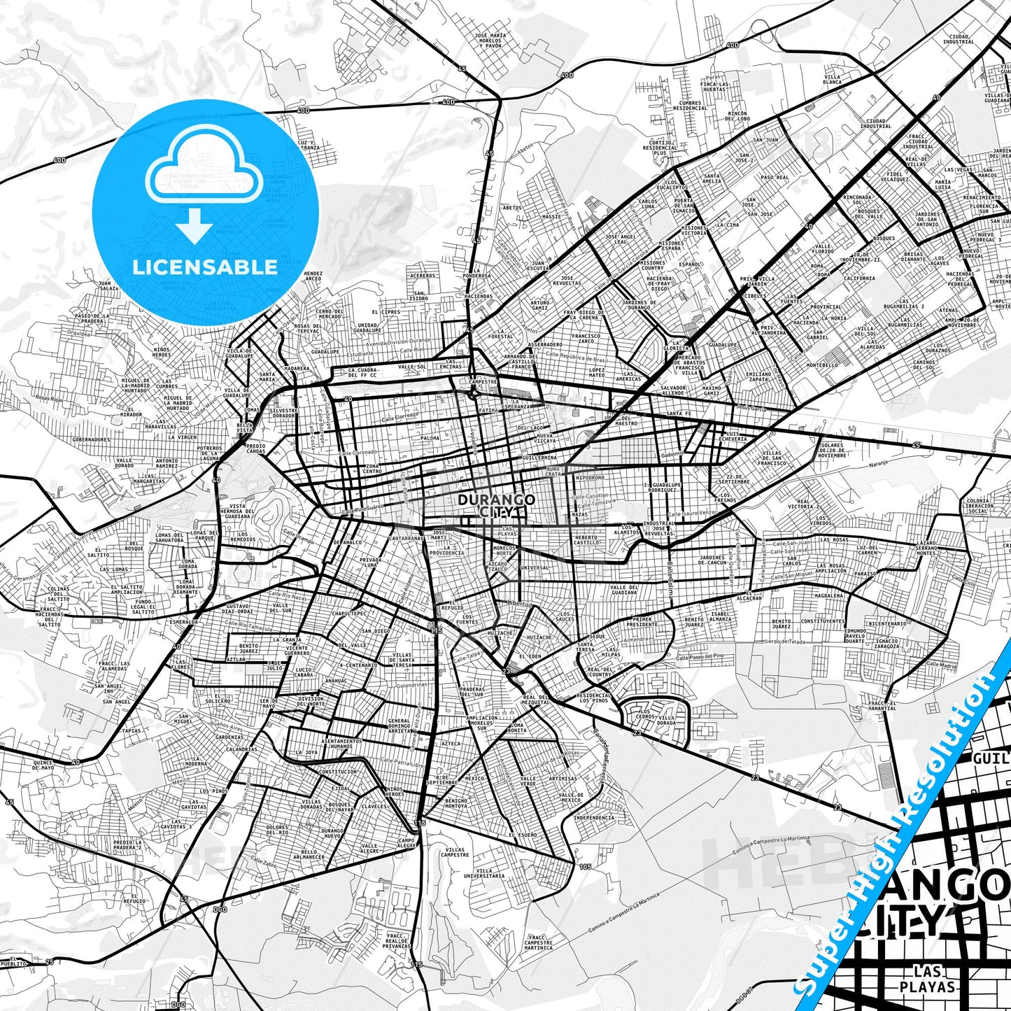Durango, Mexico Light Map with Street Names, City Names, and Districts
