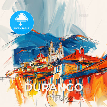Vibrant Durango, Mexico - A Painting Of A Skyline With A Colorful Building - Square format print template