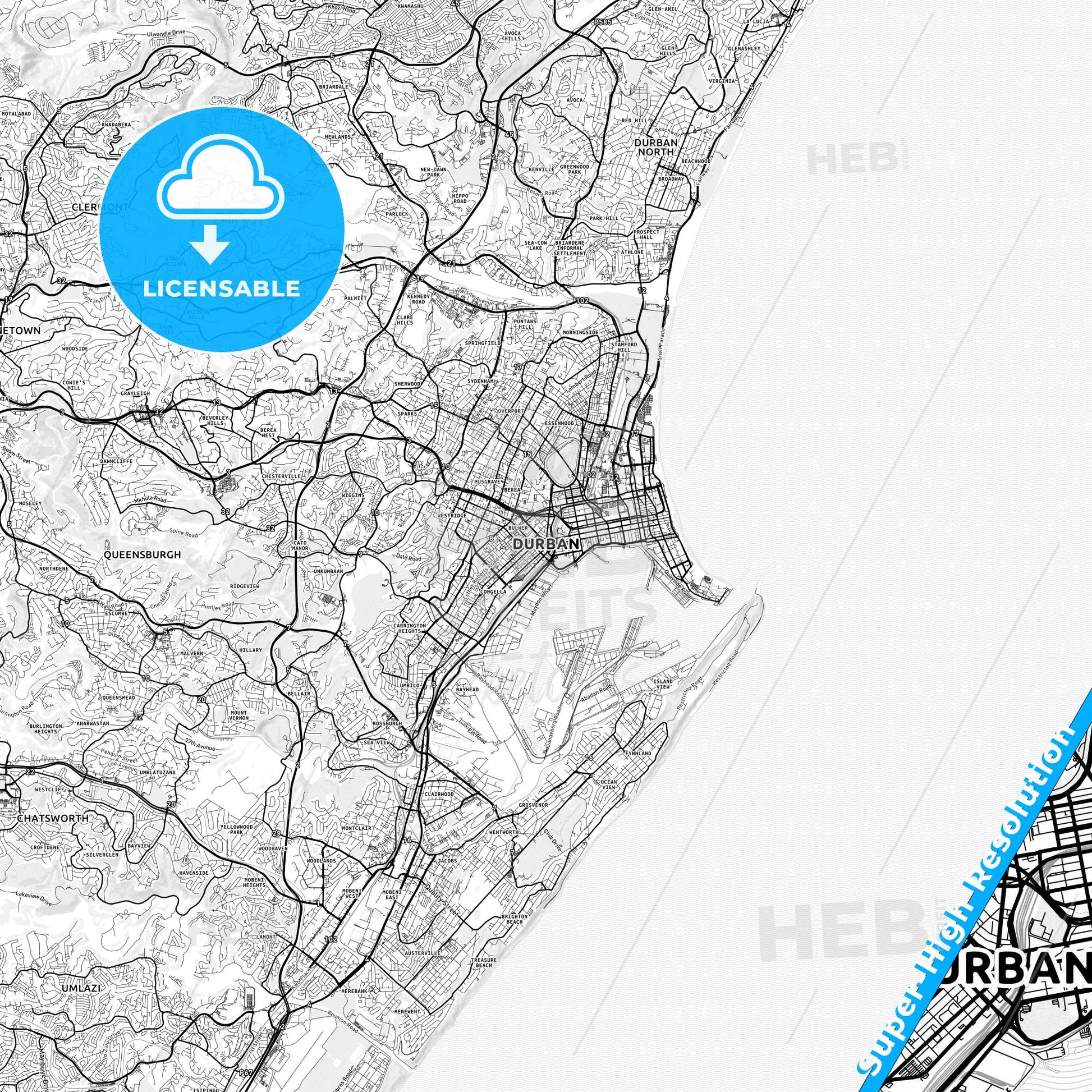 Durban, South Africa light map with streetnames, citynames and districts
