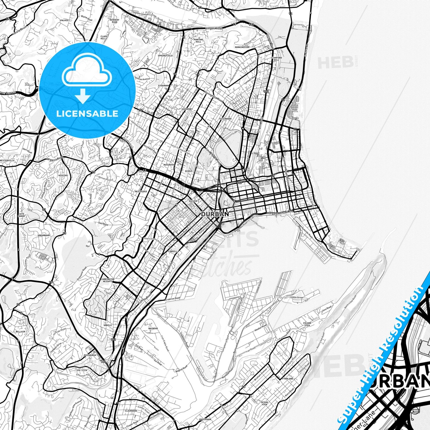 Durban, South Africa Light Map with Street Names, City Names, and Districts
