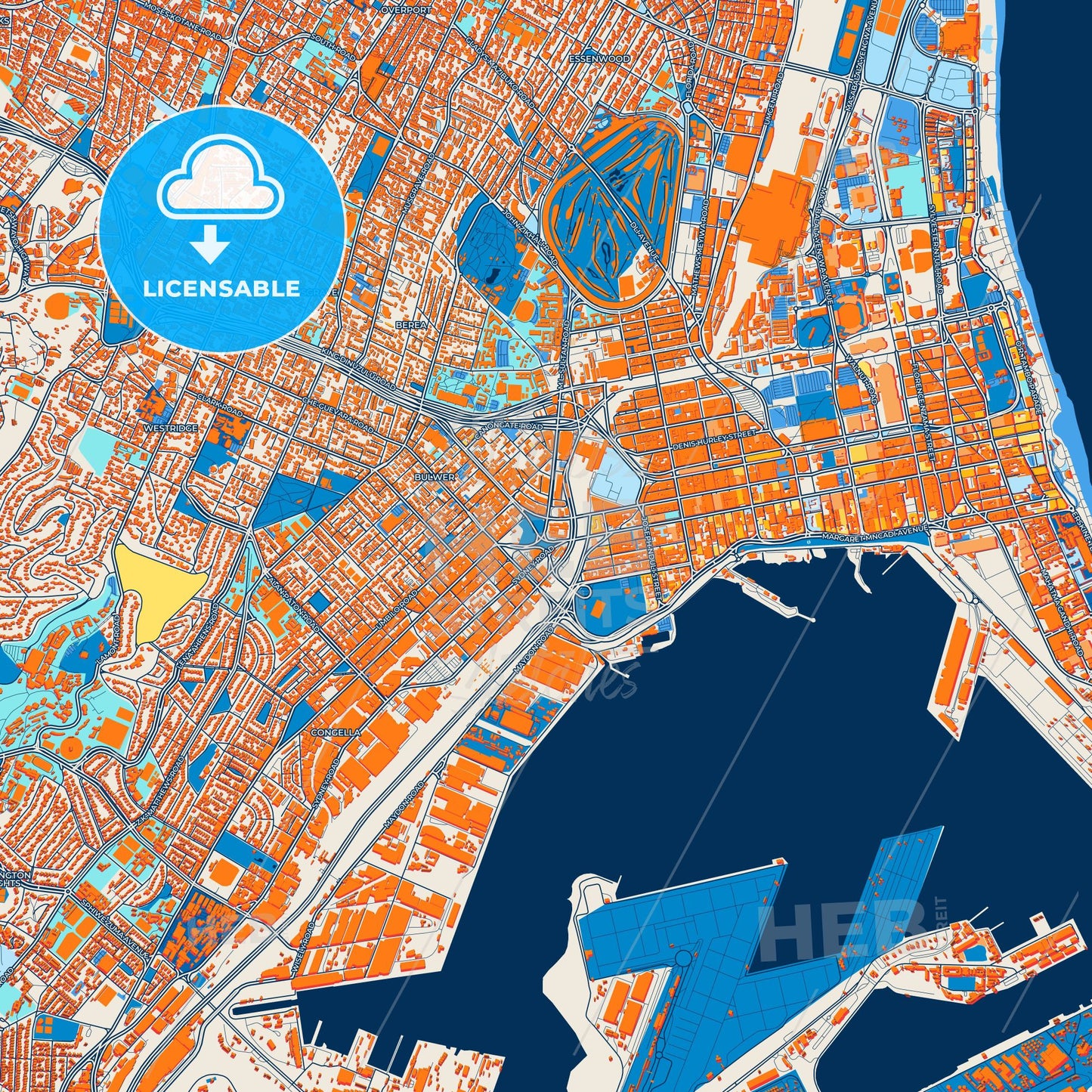 Colorful Durban Street Map with Labels and Buildings