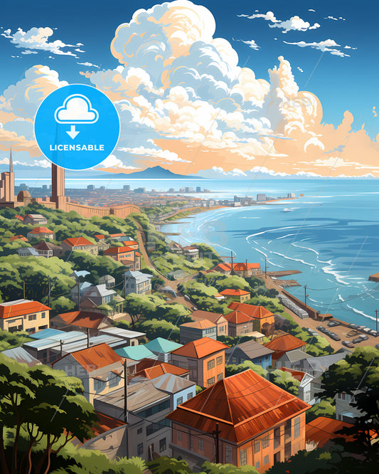 Panoramic Art of Durban Skyline, South Africa, Depicting a Vibrant City by the Ocean