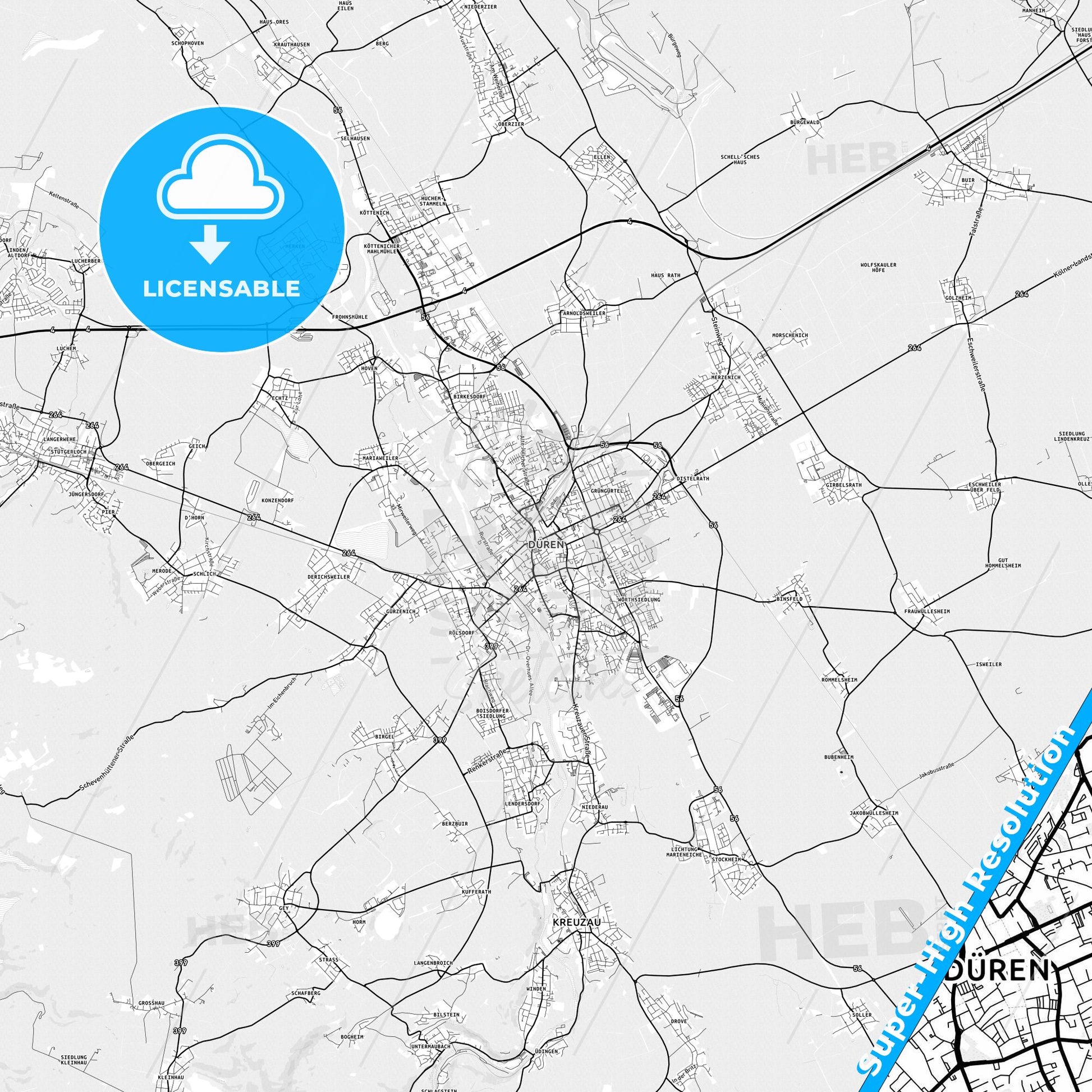 Duren, Germany light map with streetnames, citynames and districts