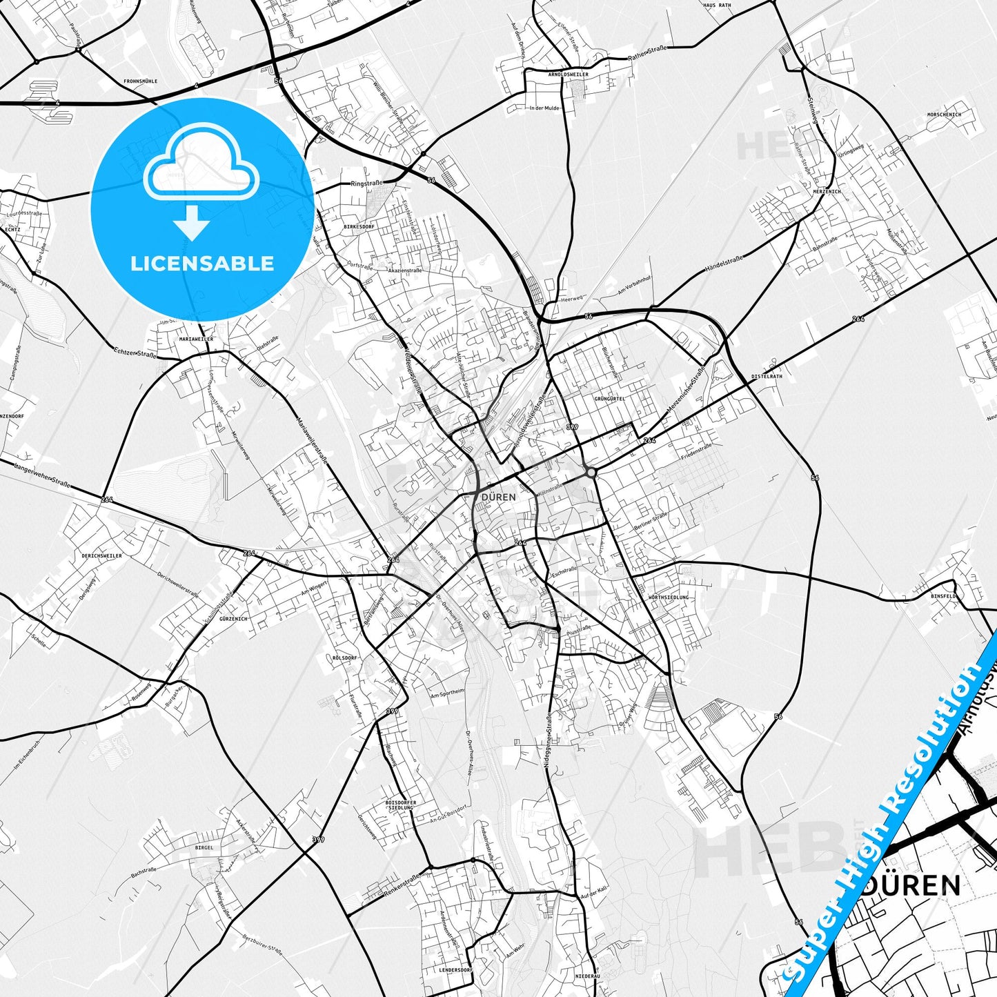 Duren, Germany Light Map with Street Names, City Names, and Districts