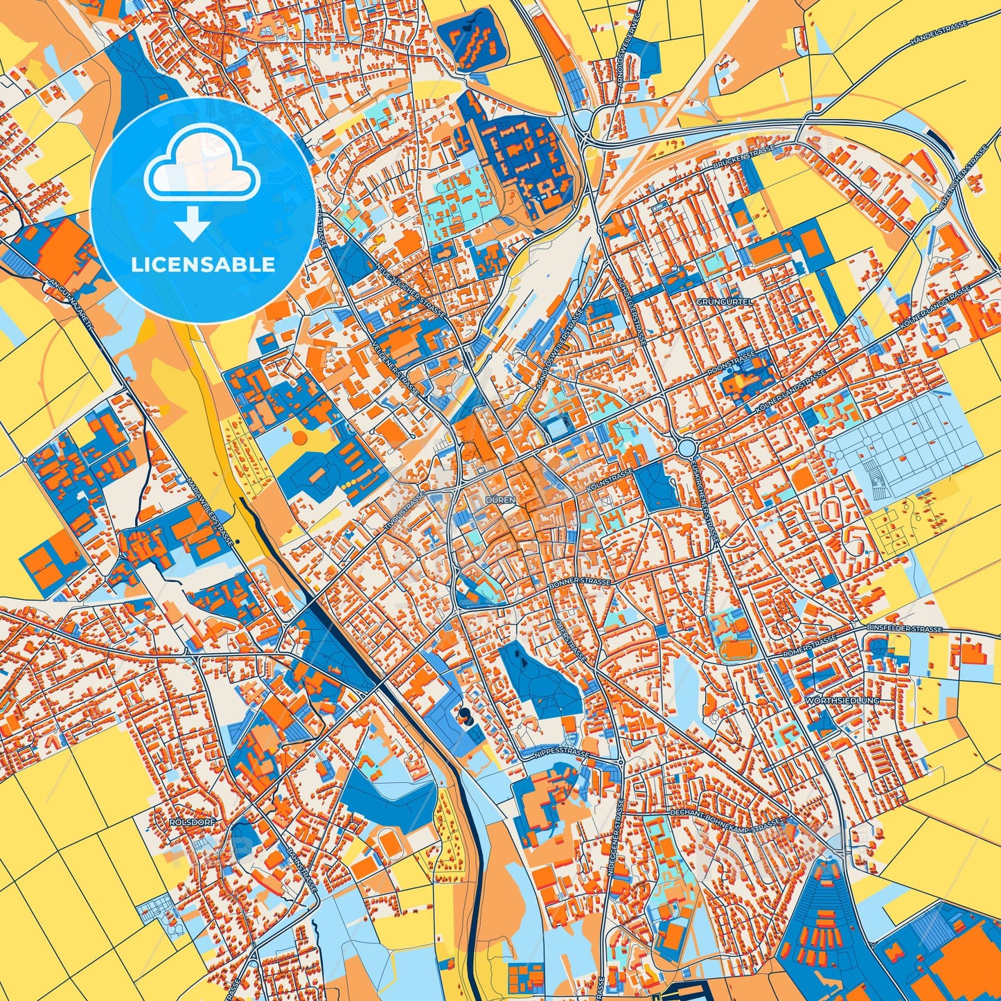 Colorful Duren Street Map with Labels and Buildings