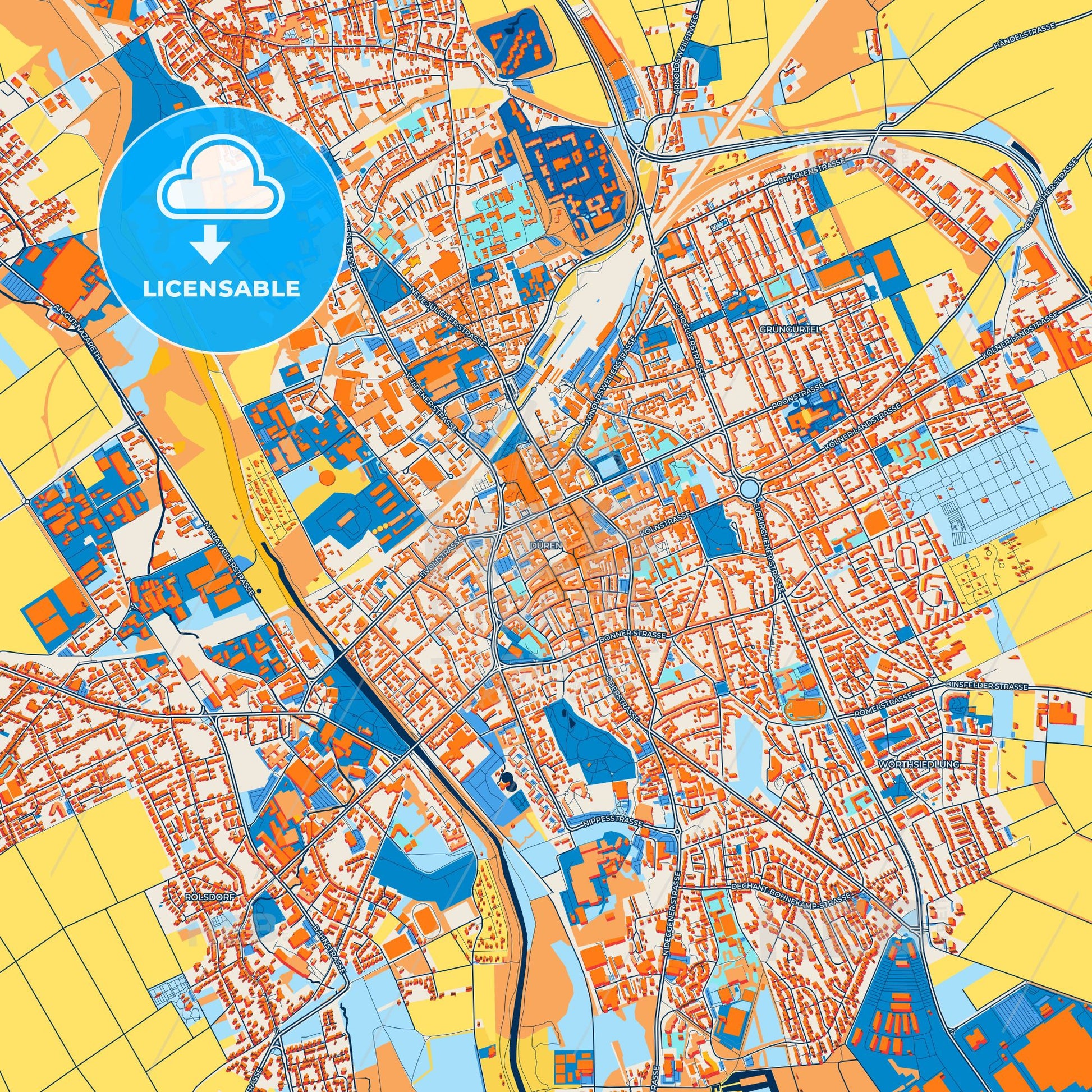 Colorful Duren Street Map with Labels and Buildings