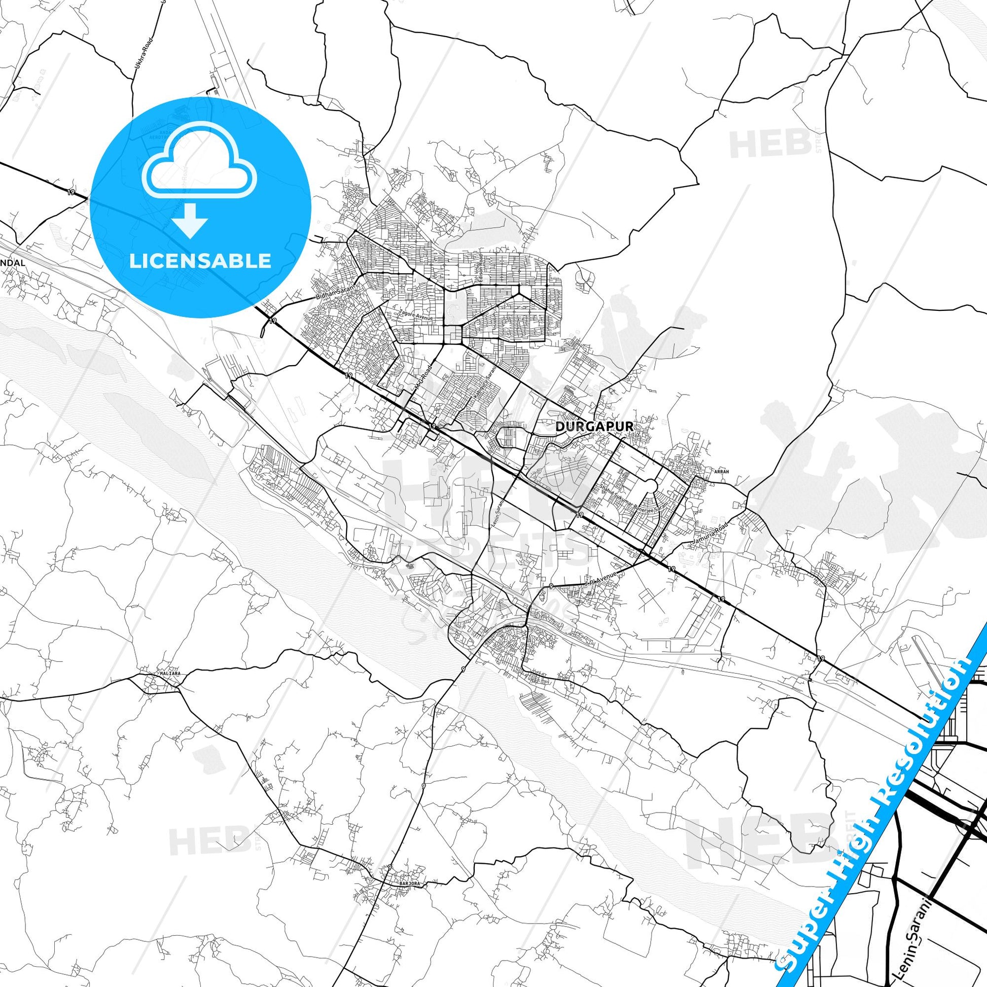 Durgapur, India light map with streetnames, citynames and districts