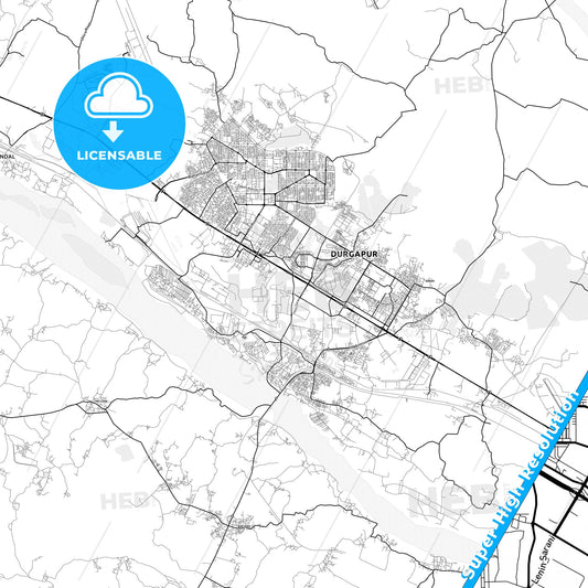 Durgapur, India light map with streetnames, citynames and districts