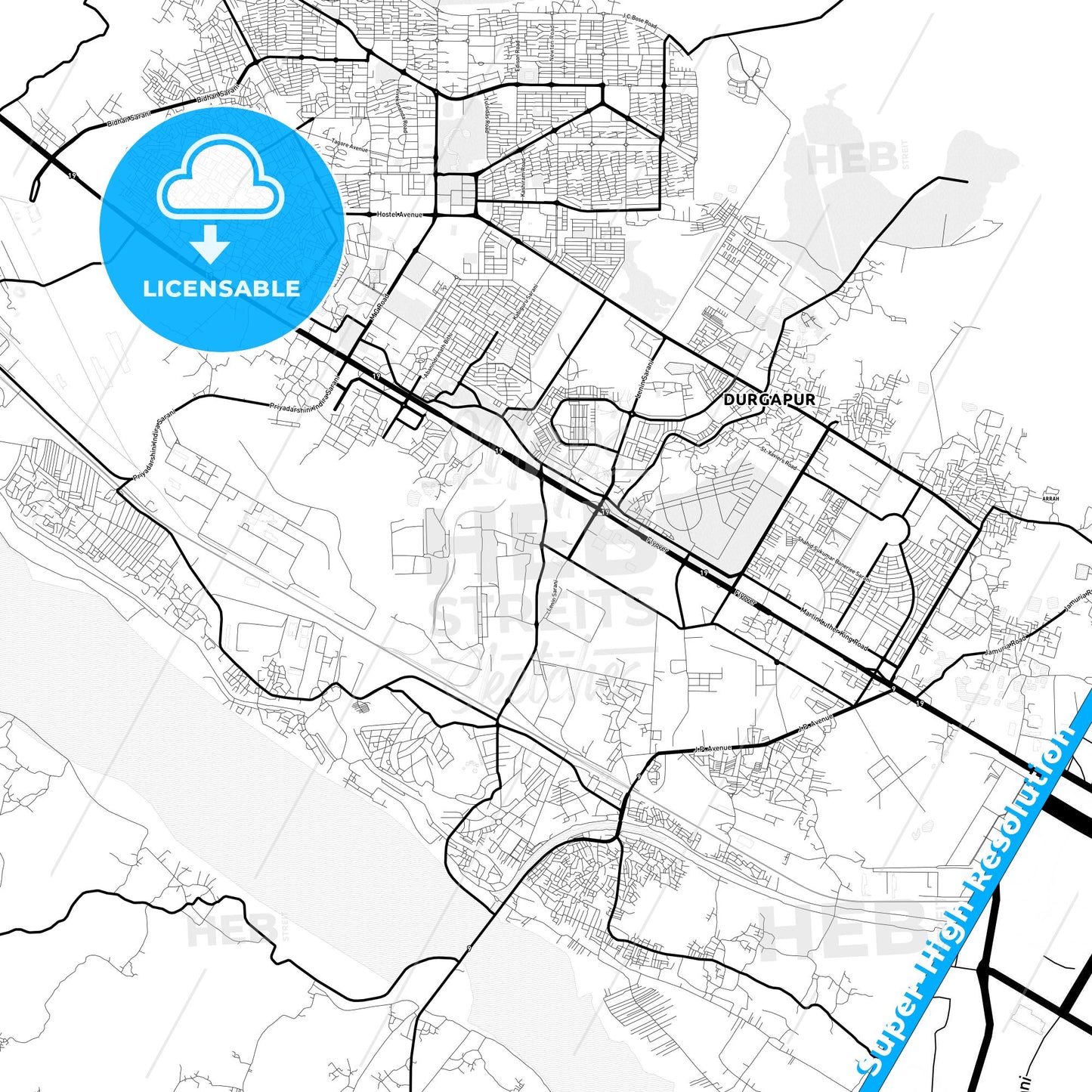 Durgapur, India Light Map with Street Names, City Names, and Districts