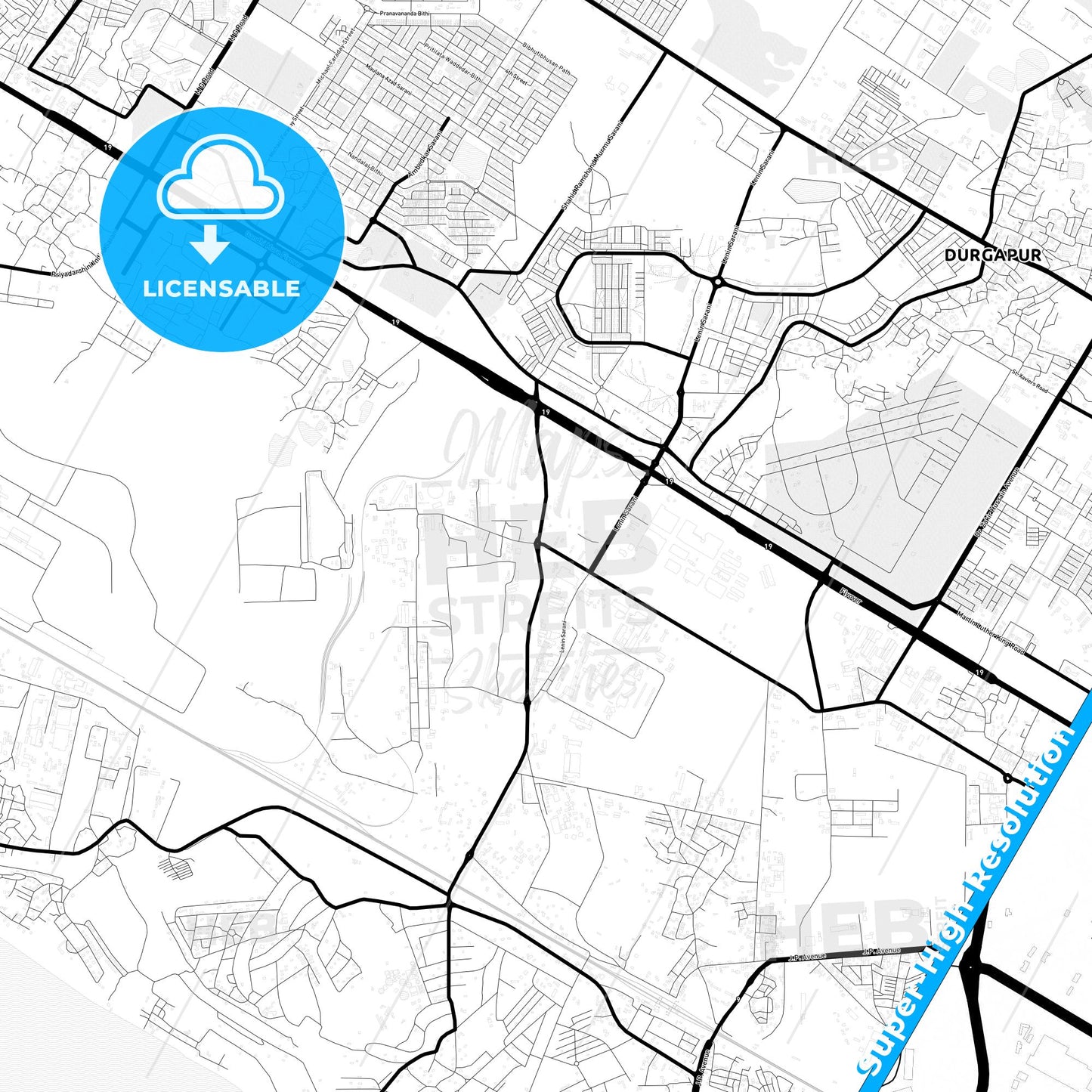 Durgapur, India Light Map with Street Names, City Names, and Districts