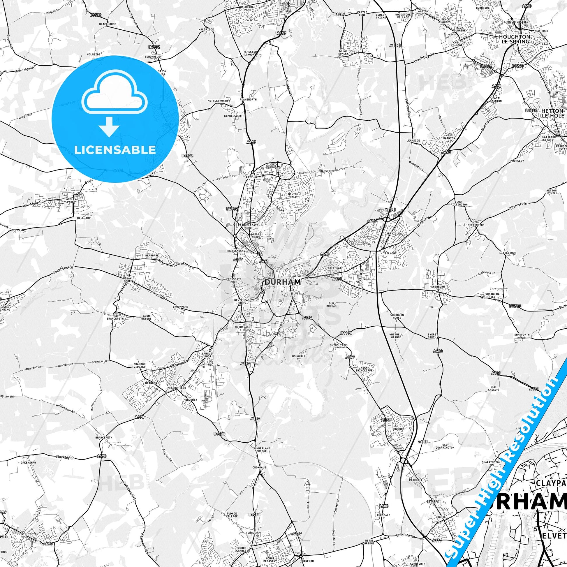 Durham, England light map with streetnames, citynames and districts