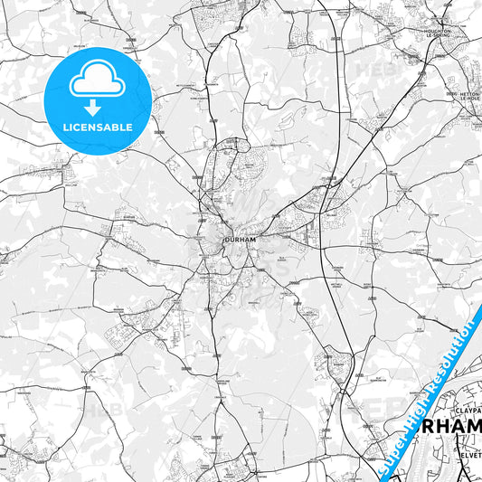 Durham, England light map with streetnames, citynames and districts
