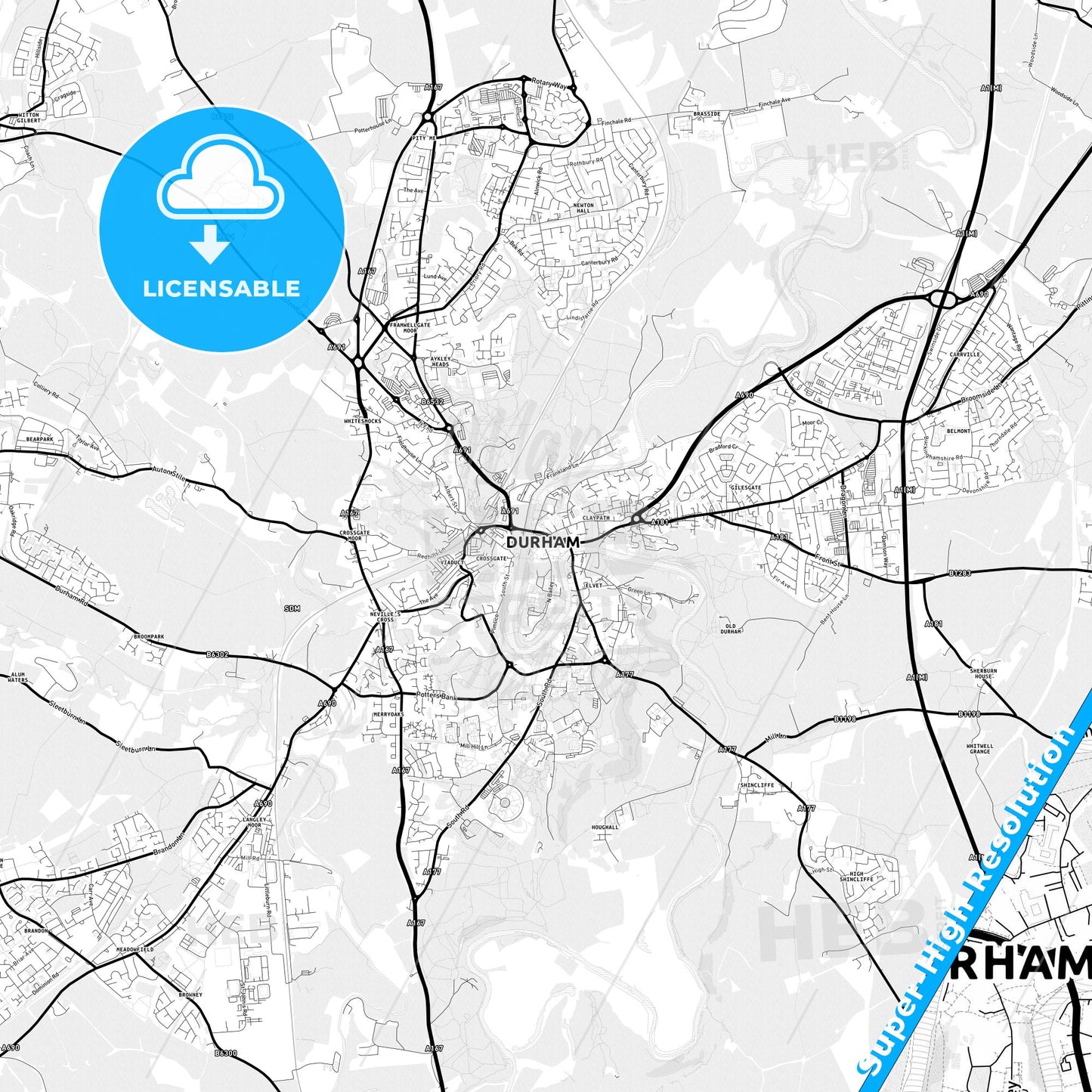 Durham, England Light Map with Street Names, City Names, and Districts