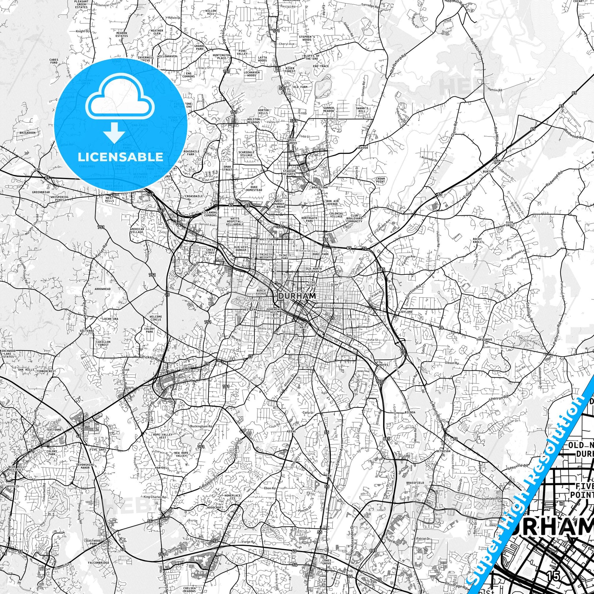 Durham, North Carolina light map with streetnames, citynames and districts