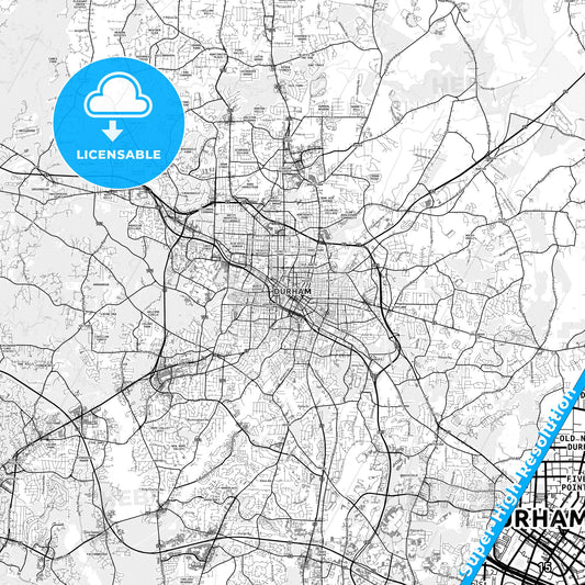 Durham, North Carolina light map with streetnames, citynames and districts