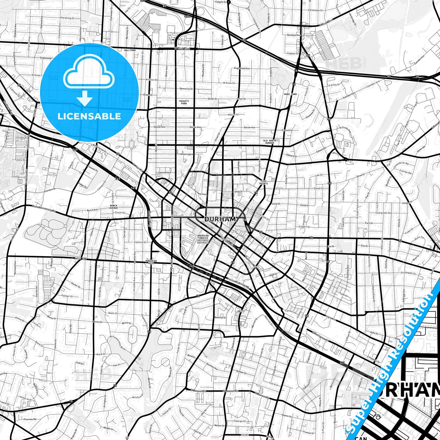 Durham, North Carolina Light Map with Street Names, City Names, and Districts
