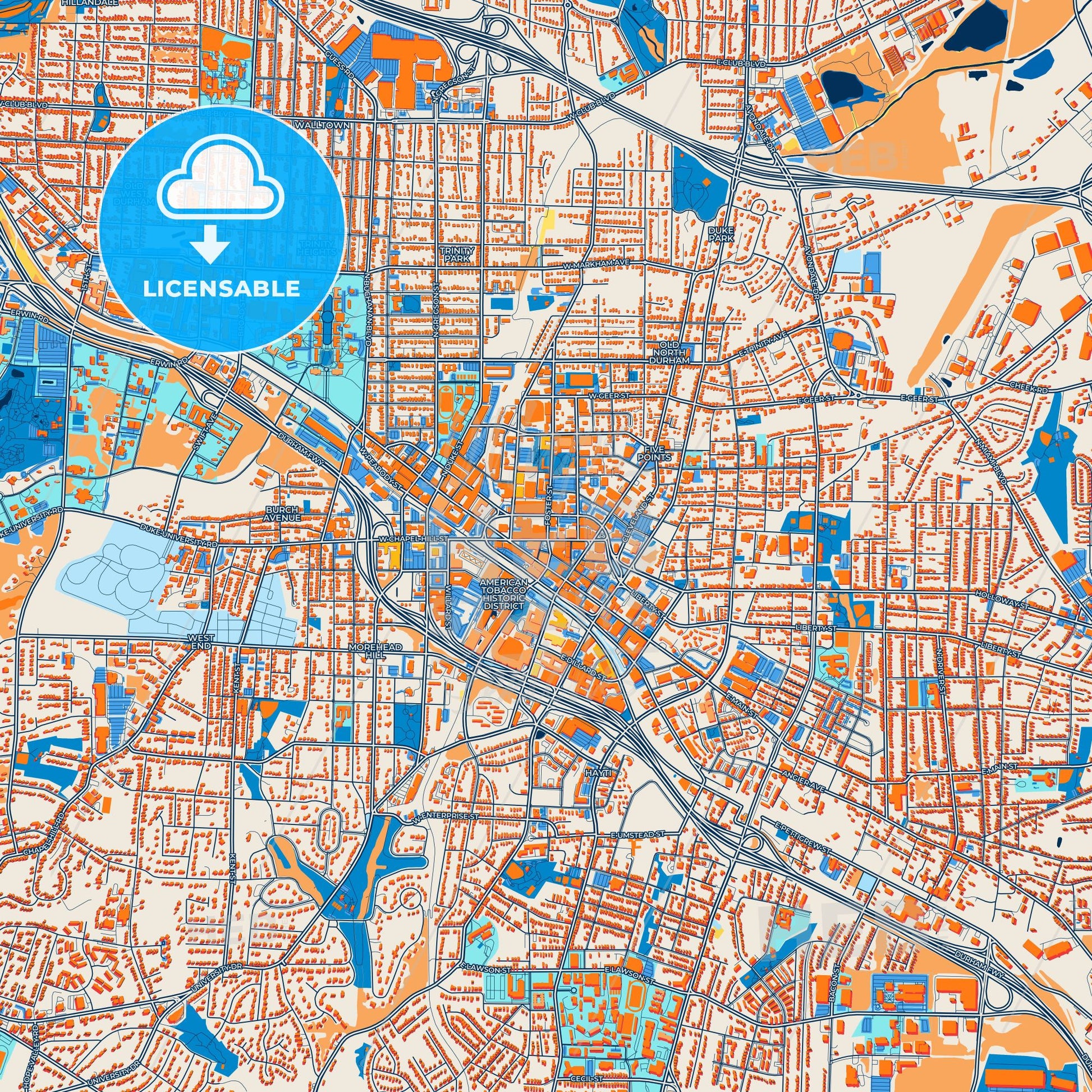 Colorful Durham Street Map with Labels and Buildings