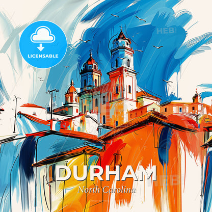 Vibrant Durham, North Carolina - A Painting Of A Building With Towers And A Waterfall - Square format print template