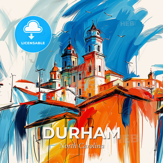 Vibrant Durham, North Carolina - A Painting Of A Building With Towers And A Waterfall - Square format print template