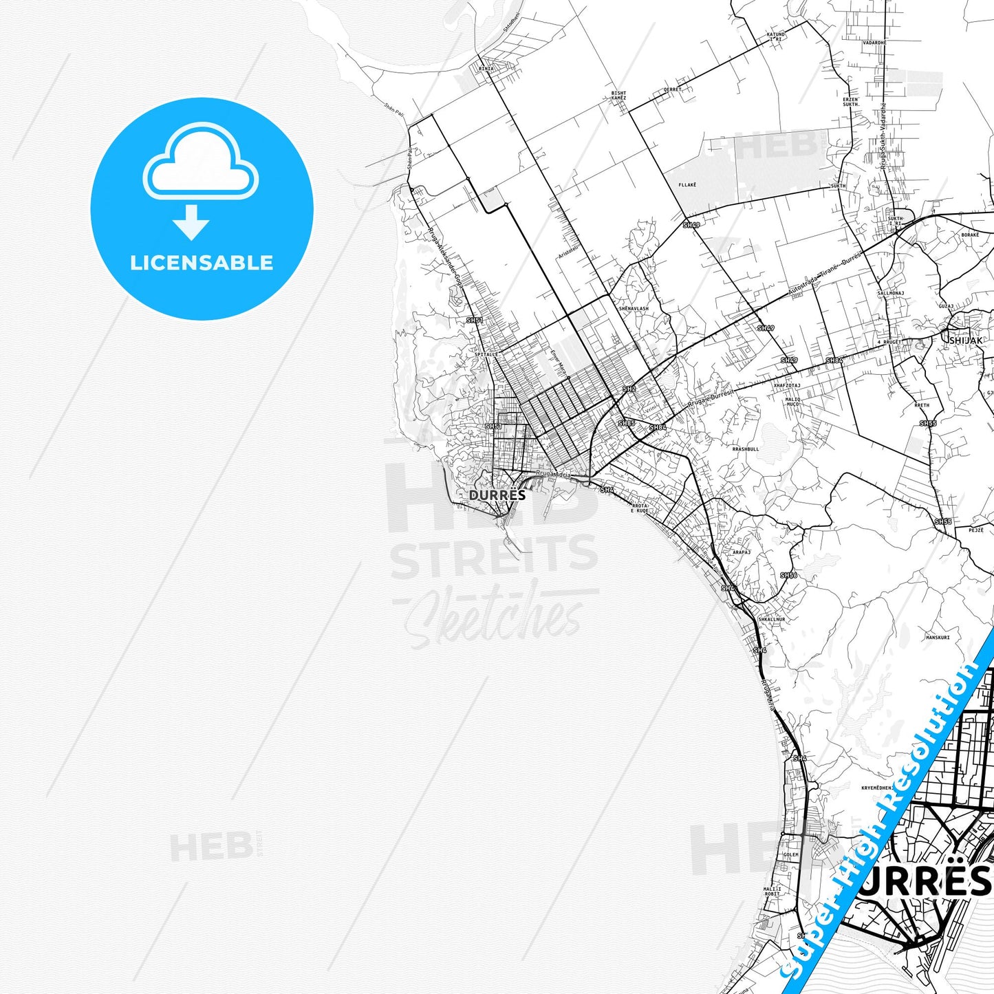 Durrës, Albania light map with streetnames, citynames and districts