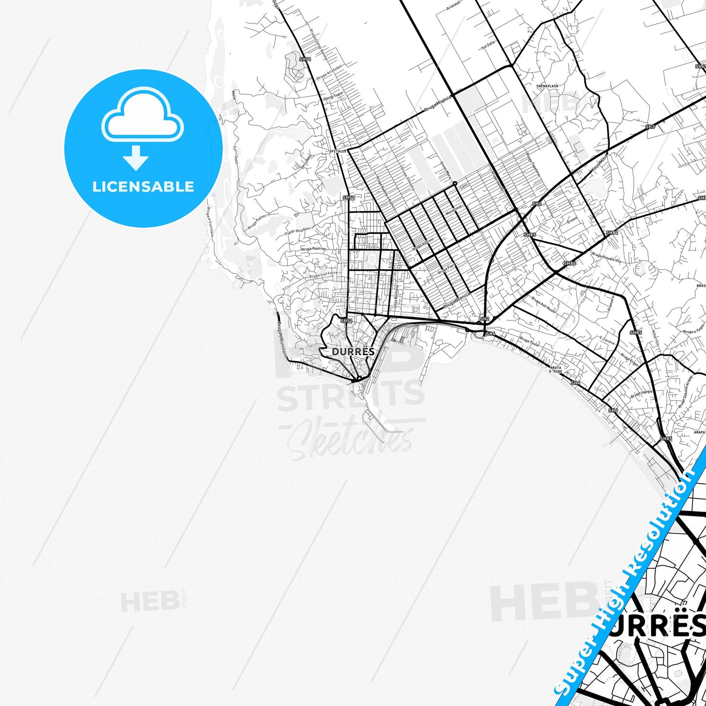 Durrës, Albania Light Map with Street Names, City Names, and Districts