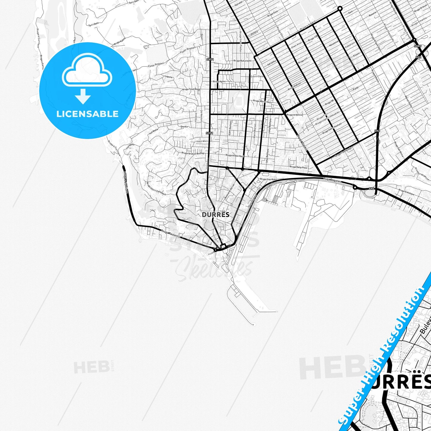 Durrës, Albania Light Map with Street Names, City Names, and Districts
