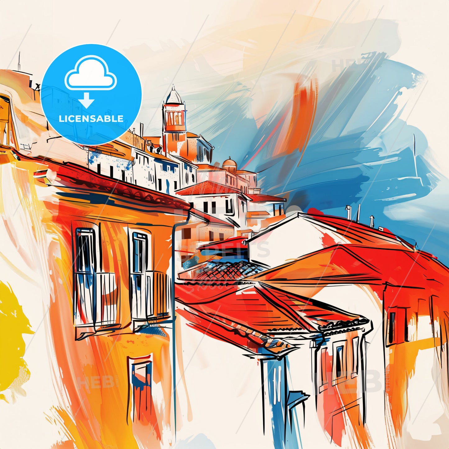 Vibrant Durrës, Albania - A Painting Of Buildings On A Hill