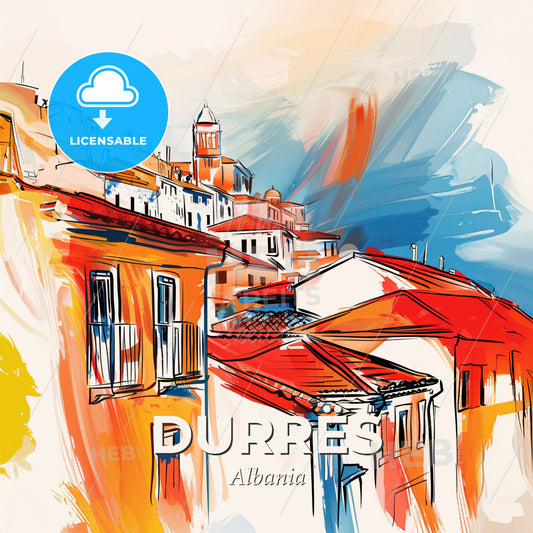 Vibrant Durrës, Albania - A Painting Of Buildings On A Hill - Square format print template