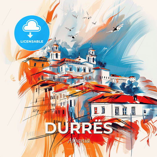 Vibrant Durrës, Albania - A Painting Of A Building - Square format print template