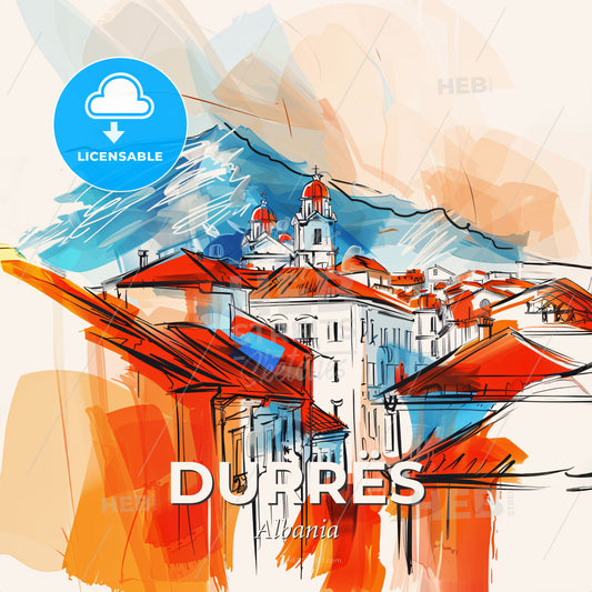 Vibrant Durrës, Albania - A Drawing Of A Town With Red Roofs - Square format print template