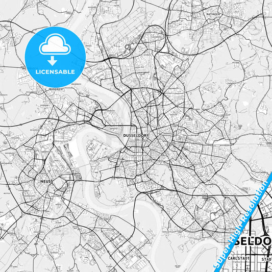Düsseldorf, Germany light map with streetnames, citynames and districts